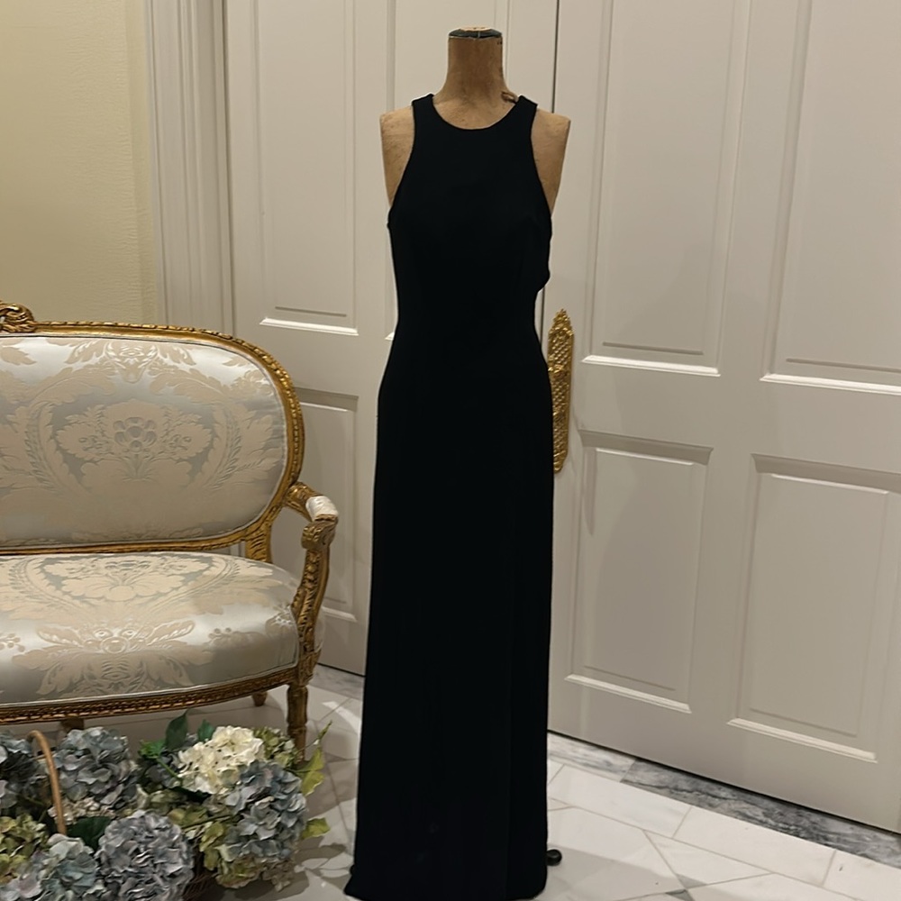 Long, formal black evening gown, halter style, backless, size 4
